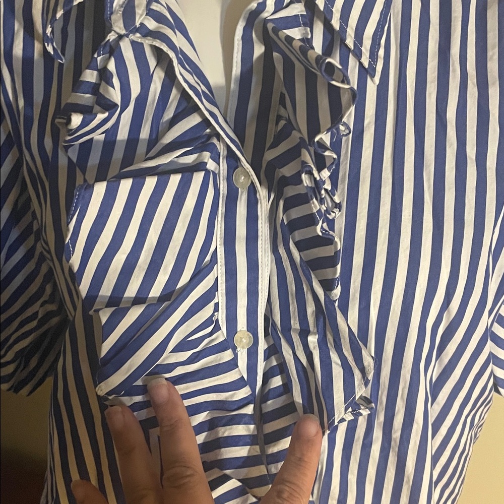 Ralph Lauren Vibrant Blue and White Striped Ruffle Blouse - Picture 2 of 5